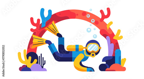 A Colorful Depiction of A Scuba Diver Exploring Underwater Reefs in The Deep Blue Sea