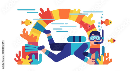 A Colorful Depiction Of Scuba Diving, Exploring Underwater And Marine Life