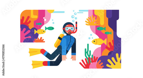 A Colorful Diver Explores the Ocean Depths Amidst Marine Life and Coral Reefs Vector