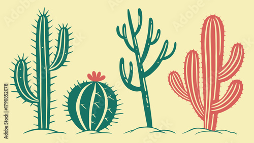 Retro Desert Cactus Plants Vector Set. Stylized Succulents for Southwest Decor, Summer Travel, and Web Design Graphics.