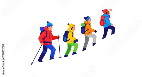 A Colorful Group Of Hikers Climbing Uphill Against A Black Background Adventure