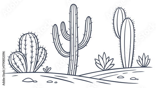 Desert Cacti Line Art Illustration Saguaro Barrel Cactus Agave Plants Arid Landscape Vector Outline for Nature Travel Web Design Education Branding