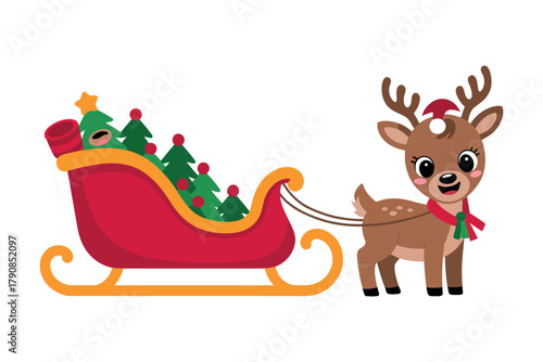 A cheerful reindeer with a Santa hat pulls a festive sleigh filled with Christmas trees.