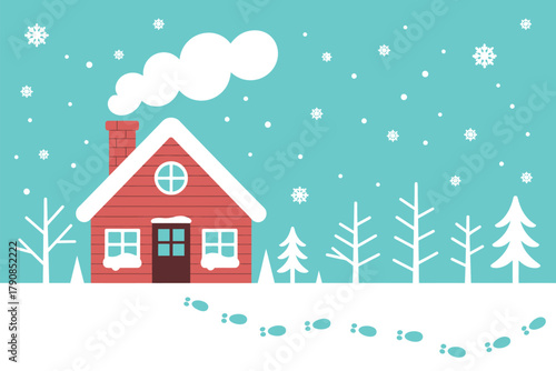 A charming red house with smoke billowing from its chimney stands nestled in a snowy winter landscape.
