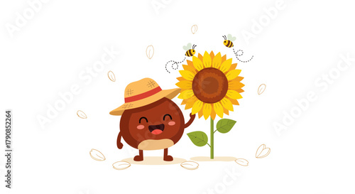 A Cheerful Chestnut Character, Sunflower, and Bees Delightful Summer Scene
