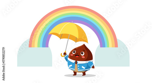 A Cheerful Chestnut Character Under A Rainbow With A Yellow Umbrella In The Sky