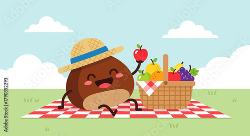 A Cheerful Chestnut Enjoying A Picnic Basket Filled With Fresh And Ripe Fruits