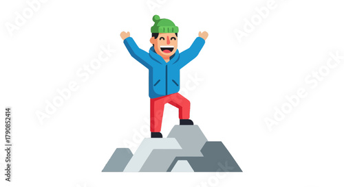 A Cheerful Climber Reaching Summit With Joy Celebrating Mountain Top Victory