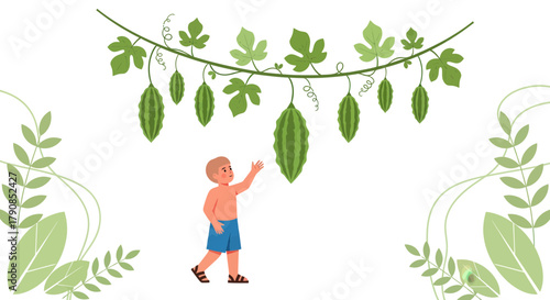 A Curious Child Reaching For Bitter Melon Pods In A Lush Garden Scene