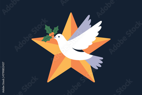 A white dove with a sprig of holly in its beak flies in front of a golden star, symbolizing peace and the holiday season.