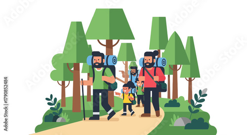 A Cheerful Family Hiking Together Through the Green Forest Enjoying Nature
