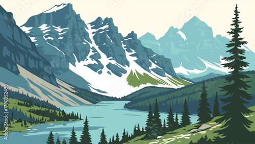 Flat Design Mountain Lake Landscape. Majestic Alpine Peaks and Evergreen Forest for Travel, Outdoor Adventure, Nature Tourism.