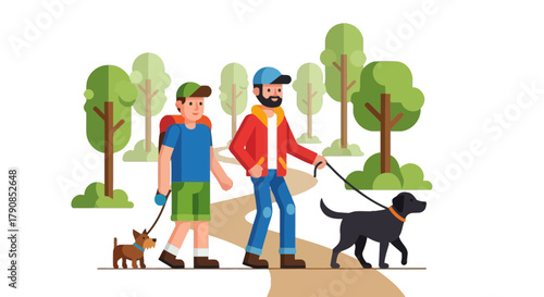 A Day Out: Friends and Pets Enjoying a Gentle Stroll Through a Forest Pathway
