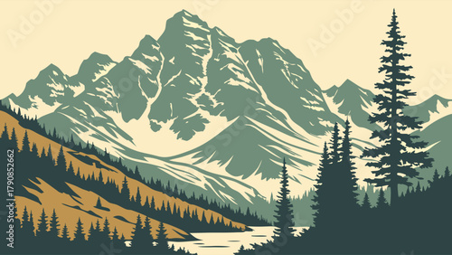 Vintage Mountain Landscape Vector Art. Majestic Pine Forest and Lake for Outdoor Adventure, Travel, Tourism, Web Design, and Nature Exploration.