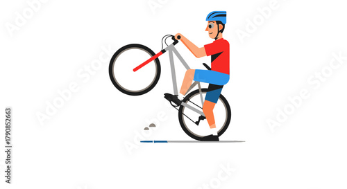 A Cyclist Showing Off Bike Skills on Black Background and Performing a Wheelie Maneuver