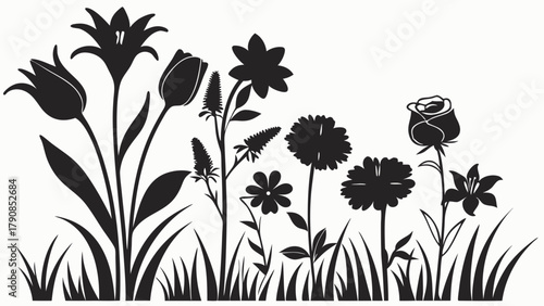 Blooming Garden Flower Silhouettes with Grass Border Vector Illustration for Spring Summer Nature Web Design and Print Graphics