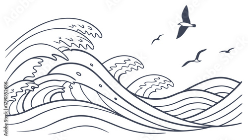 Dynamic Ocean Waves and Flying Seagulls Line Art for Coastal Travel Summer Vacation Marine Design