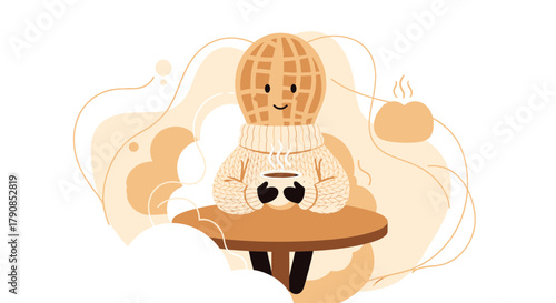 A Delightful Peanut Character Enjoying a Cozy Morning Beverage in a Warm Atmosphere