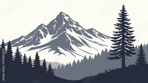 Majestic Snow Mountain Landscape with Pine Forest. Minimalist Vector Art for Outdoor Adventure Travel, Web Design, and Branding.