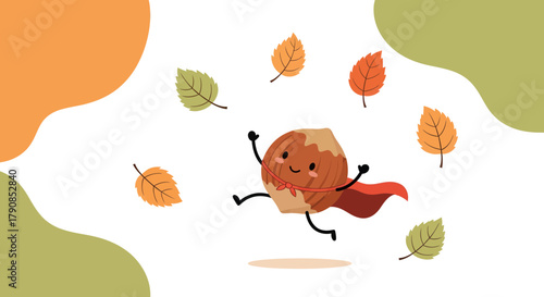 A Cheerful Hazelnut Superhero Defying Gravity Amidst Falling Autumn Leaves