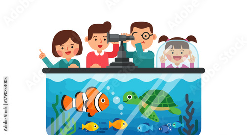 A Family's Aquarium Adventure with Diverse Aquatic Creatures and Enthusiastic Viewing