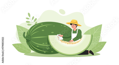 A Farmer Cleans A Melon Slice Depicting Fresh Produce And Agriculture Concept