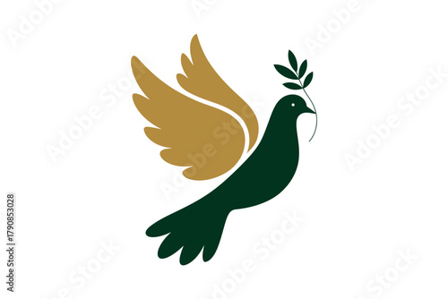 A stylized dove with a green olive branch in its beak symbolizes peace and hope, soaring against a clean white background.