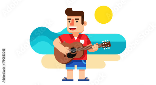 A Cheerful Musician Plays His Guitar On A Beach With A Coastal Backdrop
