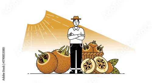 A Farmer Proudly Stands Amongst a Medlar Harvest Under Bright Sunlight