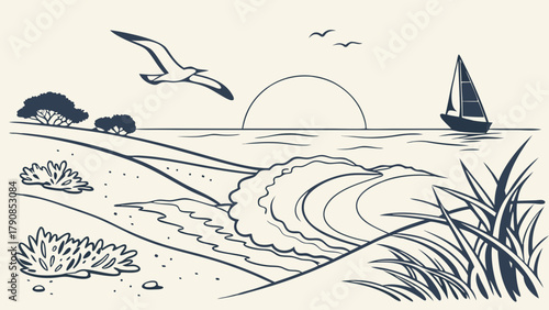 Tranquil Beach Sunset Outline Drawing with Ocean Waves Sailboat and Flying Seagull for Travel Vacation and Summer Design