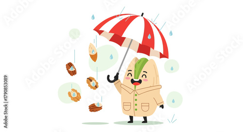 A Cheerful Nut Character Enjoying Rainfall Beneath a Striped Umbrella Protection