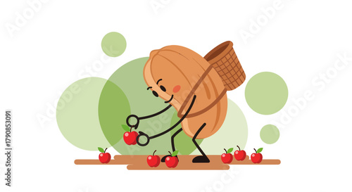 A Cheerful Nut Character Harvesting Apples on a Sunny Day for a Bountiful Collection