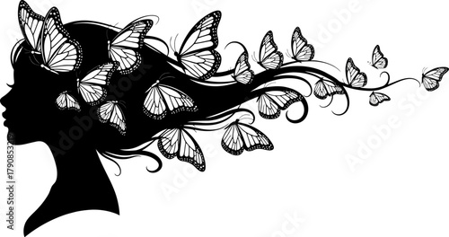 Woman profile with butterfly wings as hair silhouette