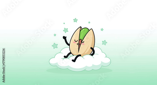 A Friendly Happy Pistachio Character Resting On A Cloud Surrounded By Stars