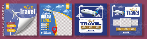 Set of Professional Travel Agency Social Media Posts Bundle and Holiday Tour Square Flyer Poster Template Design for Vacation Package Promotion, Travel Advertisement, and Tourism Marketing