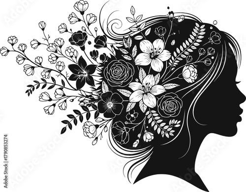 Elegant abstract female silhouette with blooming floral hair