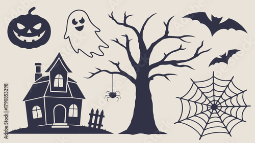 Halloween Spooky Silhouettes Set with Pumpkin Ghost Haunted House Tree Bats Spider Web for Autumn Party Invitations and Festive Holiday Graphic Design Elements