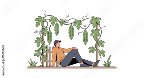 A Gardener's Moment of Serenity Under the Lush Bitter Gourd Canopy of the Trellis