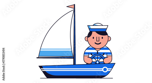 A Cheerful Sailor Navigating A Sailing Vessel Amidst A Serene Oceanic Backdrop