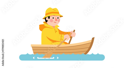 A Cheerful Sailor Maneuvering His Wooden Boat Across Calm Waters with Enthusiasm