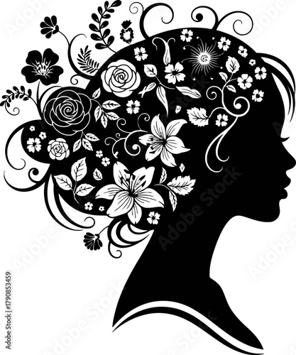 Elegant abstract female silhouette with blooming floral hair