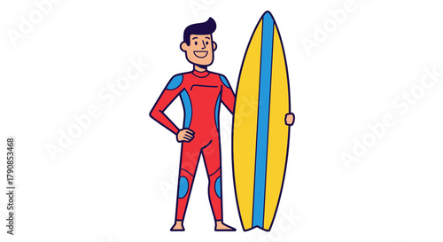 A Cheerful Surfer in Red Wetsuit Standing Next to Vibrant Yellow Surfboard