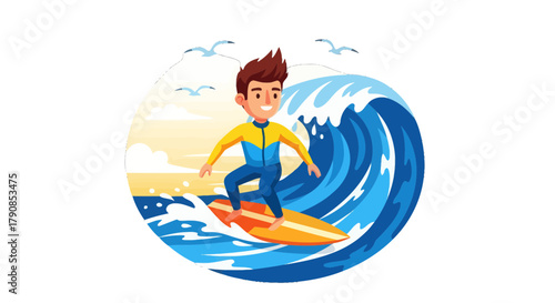 A Cheerful Surfer Enjoying Big Waves In An Engaging Coastal Scene