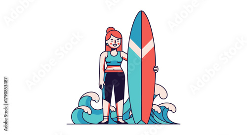 A Cheerful Surfer Girl Standing With A Colorful Surfboard Near Rolling Ocean Waves