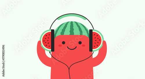 A Cheerful Watermelon Character Listening to Music Through Playful Headphones