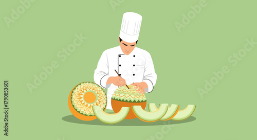A Chef Carving Fresh Melon Presenting Exquisite Food Artwork For Culinary Display