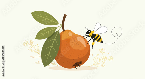A Honeybee Approaches a Ripe Pear with Fresh Leaves and Dotted Flight
