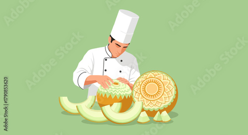 A Chef Expertly Carves Fruit Crafting Intricate Vegetable Art for Gourmet Culinary Experience
