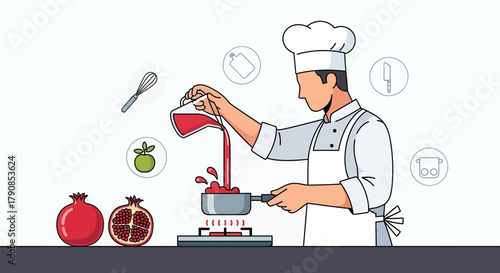 A Chef Expertly Cooking with Pomegranate and Creativity, Illustrated Cooking Concept