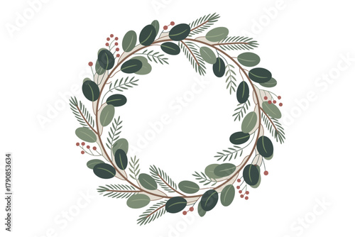 A circular wreath made of eucalyptus leaves and pine needles is decorated with small red berries.